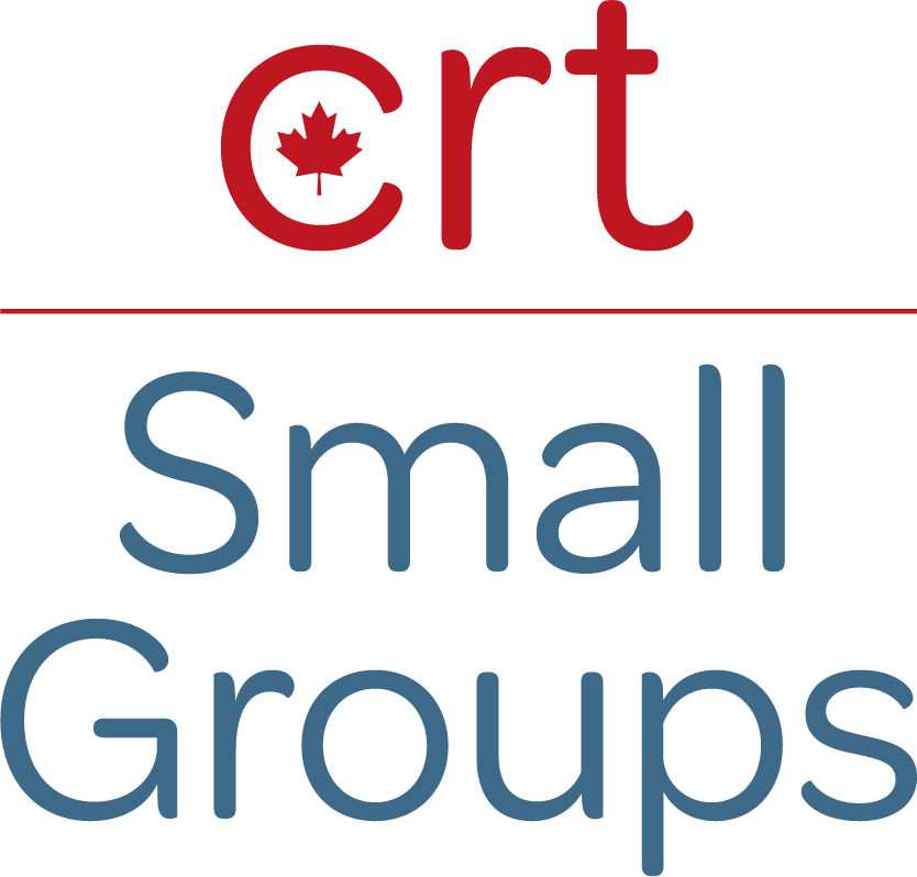 Text 'crt' in red with a maple leaf inside the letter 'c', above a thin red line and blue text 'Small Groups'.