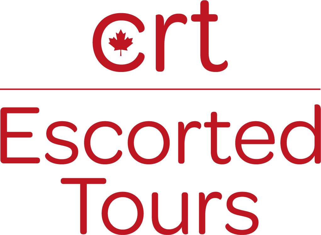 Logo con testo rosso 'crt' sopra una linea orizzontale e 'Escorted Tours' sotto, con una foglia d'acero rossa all'interno della lettera 'c'.